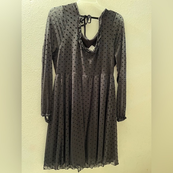 Black long sleeve polka dot mesh dress. - Picture 3 of 3